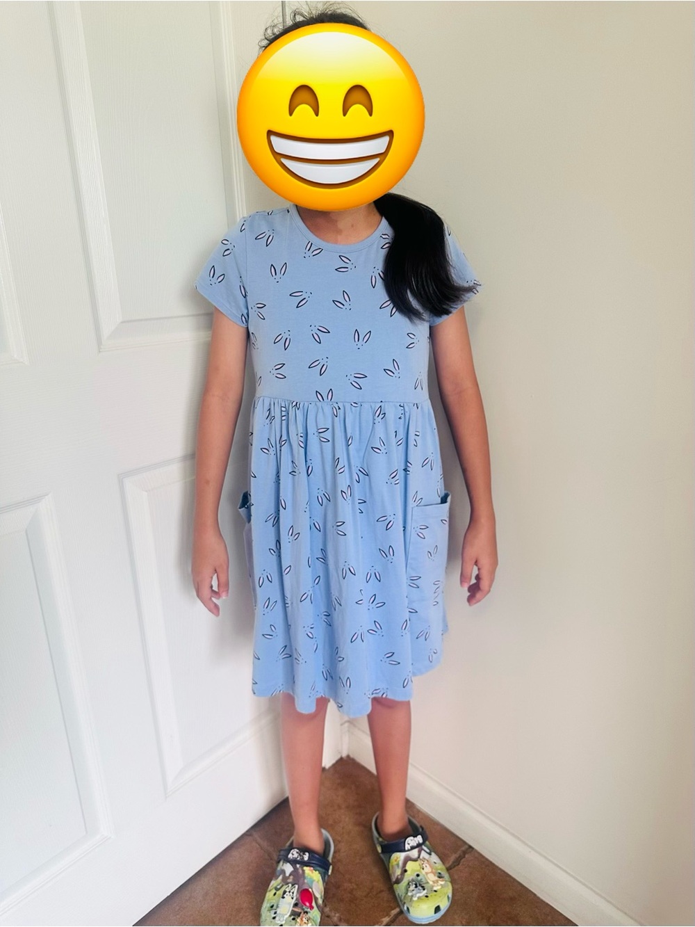 Hanna Andersson Light Blue Short-Sleeve Pocket Dress with Navy Leaf Print